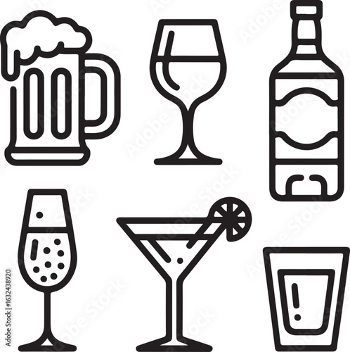 Bar and Pub Drinkware Icons Wine Decanter, Beer Stein, Liquor Bottle, Rocks Glass, Highball Glass, and Draft Tap