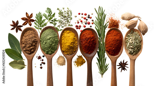 Fototapeta Naklejka Na Ścianę i Meble -  Colorful different seasonings in wooden spoons surrounded with herbs and spices isolated on a white background