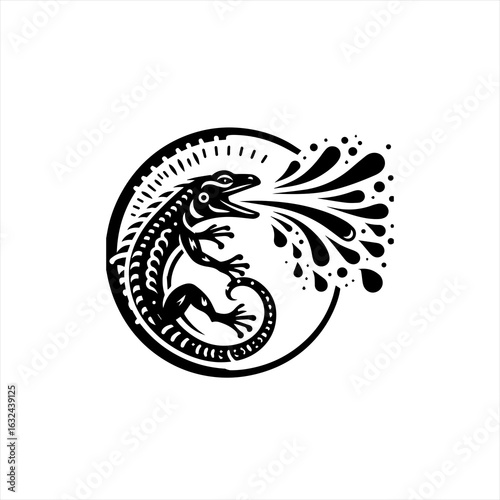 Stylized black lizard spitting water in a circular design