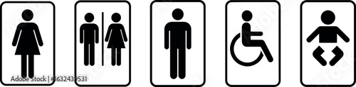 Restroom Sign Icon Set – Male, Female, Unisex, Wheelchair Accessible, Baby Changing, Bathroom Vector Clipart