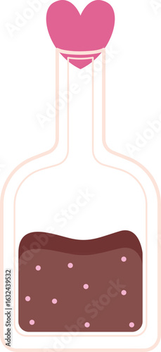 A whimsical illustration of a love potion in a glass bottle with a pink heart stopper.