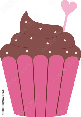 A delicious, detailed illustration of a chocolate cupcake with pink frosting and a heart.