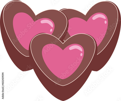 A cluster of three heart-shaped chocolate bonbons with a shiny pink cream filling.