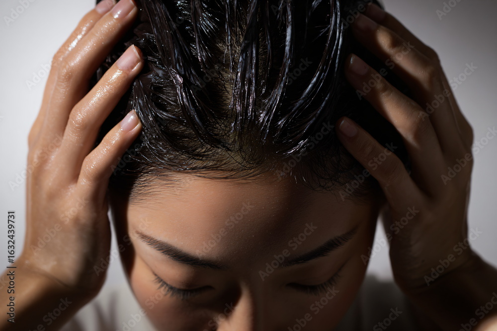 Naklejka premium Woman applying conditioner on wet dark hair. Hair care, treatment, and beauty routine. Skincare, health, hygiene concept.