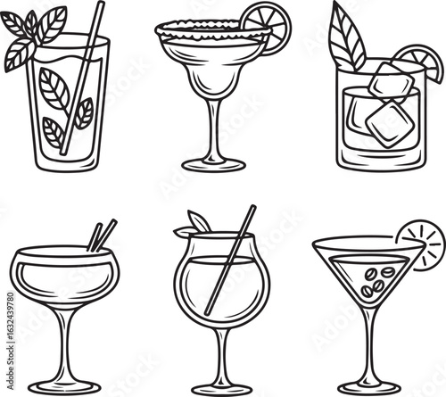 Alcoholic Beverage Accessories Icons Bottle Opener, Corkscrew, Wine Stopper, Ice Cube, Lime Slice, and Coaster