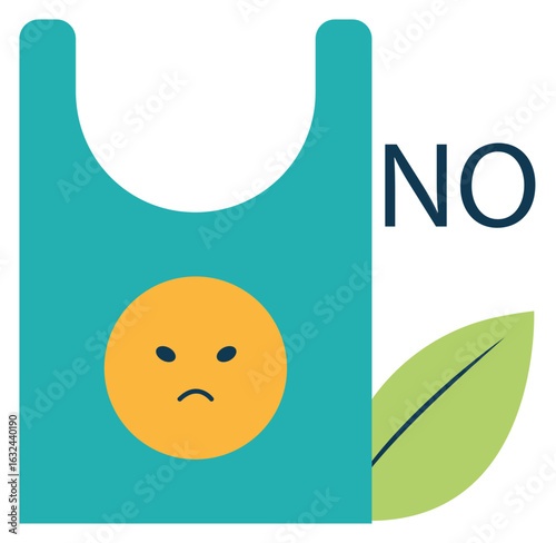 An illustration depicting a teal plastic bag with a frowning face, accompanied by the word 'NO' and a green leaf, symbolizing the rejection of plastic for environmental protection.