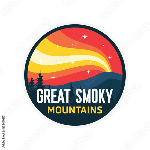 Great smoky mountain with milky way sky, badge patch emblem, vector illustration