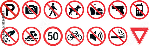 Prohibition and Warning Sign Icon Set – No Parking, No Smoking, No Entry, No Pets, No Photography, Traffic Symbols Vector