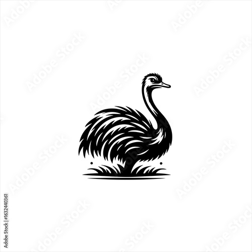 Stylized black and white ostrich silhouette standing in grass