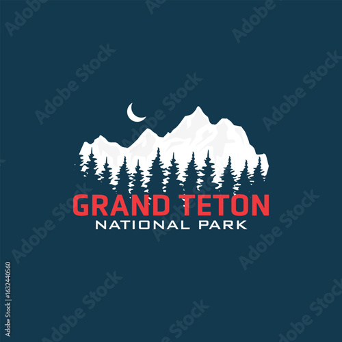 Grand Teton National Park mountain silhouette at night, badge patch emblem, vector illustration