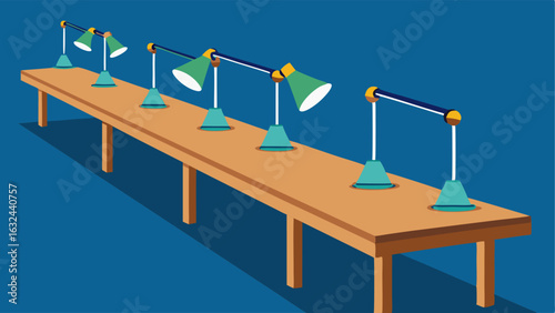 A long wooden table with a row of desk lamps perfect for studying or working.