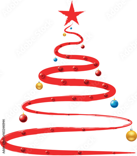 Christmas Tree Vector on white. Red Christmas Tree Painted illustration. Sketch, drawn or painted artistic illustration of a x mas tree. Ribbon Christmas Stylish Tree. Vector can be to any size.