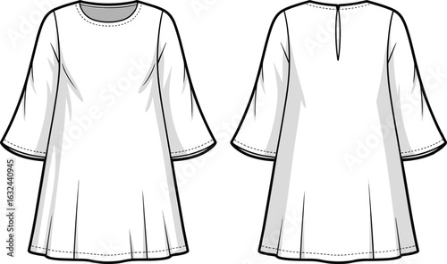 PrintCasual A-line tunic dress, bell sleeves fashion sketch, women’s wear flat, vector garment illustration, technical fashion design, stylish template