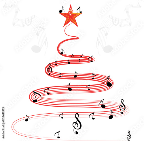 Christmas Tree Vector on white. Red Christmas Tree Painted illustration. Sketch, drawn or painted artistic illustration of a x mas tree. Ribbon Christmas Stylish Tree. Vector can be to any size.