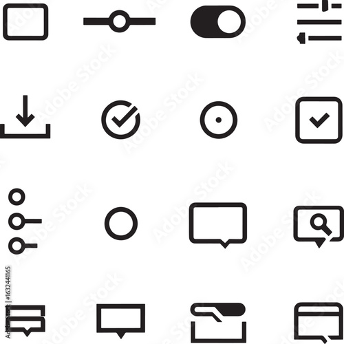 Collection of modern minimalist user interface icons representing various digital functions and controls for web and app design