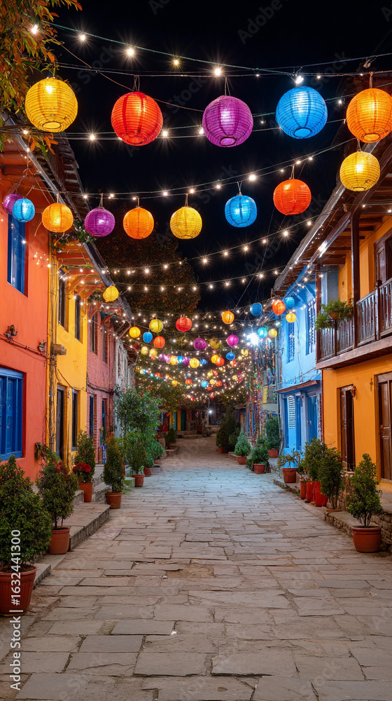 Fototapeta premium Festive street adorned with colorful lanterns celebrating Independence Day in an Indian village at night with vibrant decorations illuminating the atmosphere