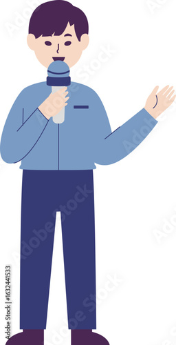 A cartoon illustration of a man speaking into a microphone, gesturing with his hand.