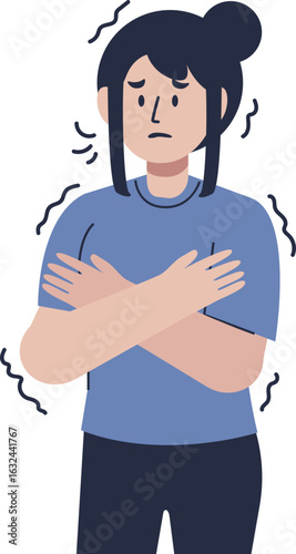 A woman with a worried expression, shivering and crossing her arms, feeling cold.