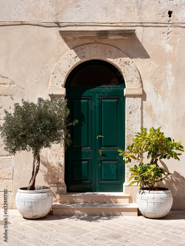 A front view clean photo representing an Italian-style green arched wooden door framed in stone, set in a light beige stucco wall, soft afternoon sunlight casting natural shadows from nearby potted.