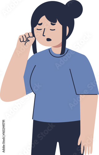 A woman with dark hair in a bun rubs her eye, displaying a tired or irritated expression.