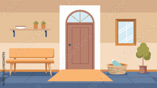 An inviting entryway with a light wood bench white walls and a woven basket for shoes.