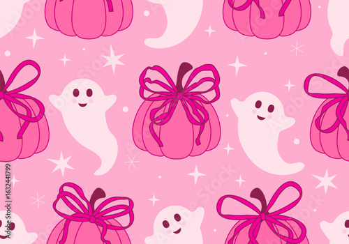 Halloween seamless pattern. Halloween background with pumpkins and ghosts. Autumn design, Halloween decorations, party invitation or seasonal design. Pumpkin season