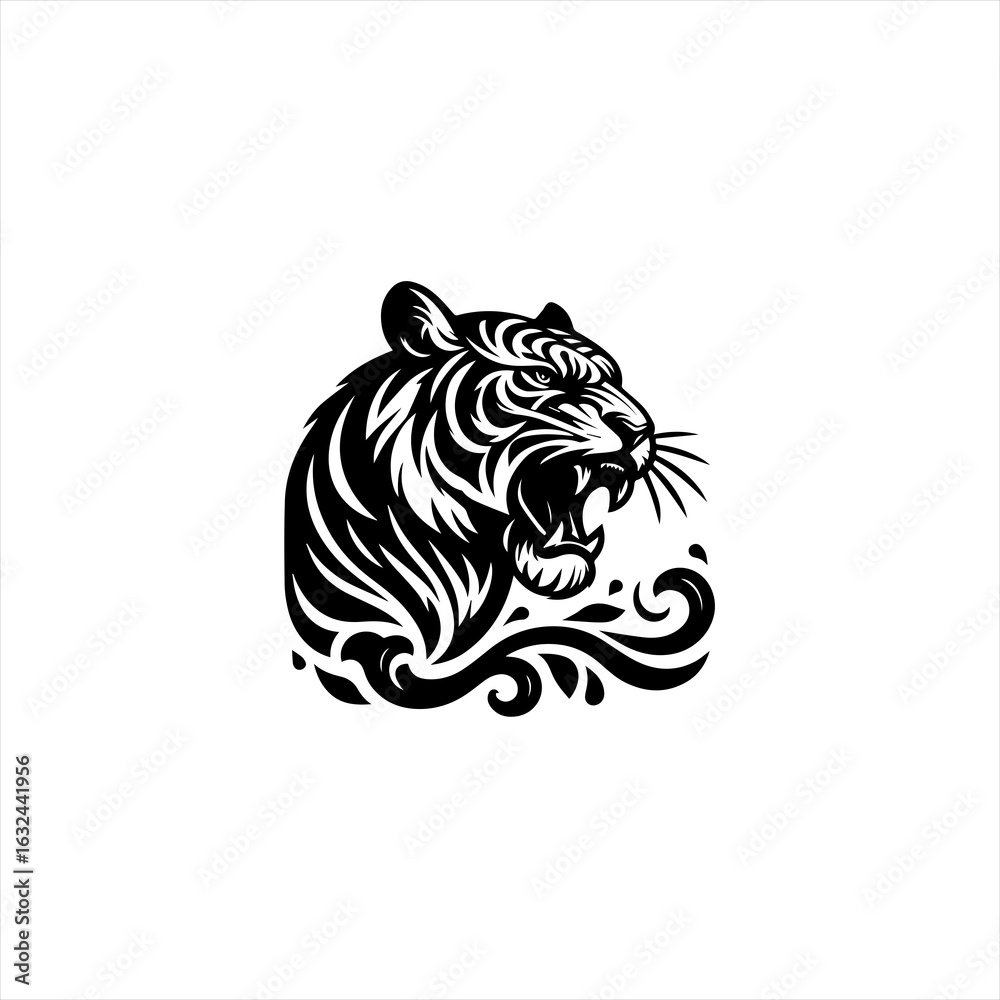 Fototapeta premium Stylized black tiger head roaring with decorative elements