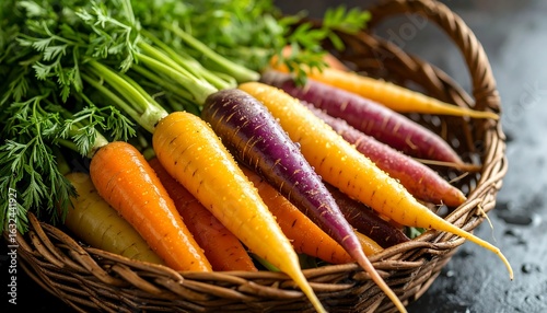 Freshly Harvested Rainbow Carrots Displayed in a Rustic Wicker Basket