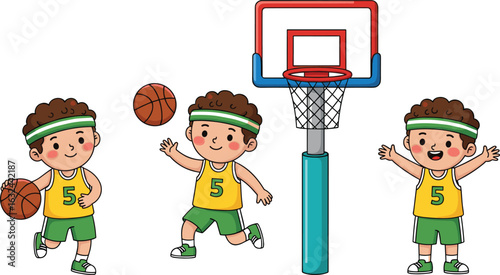 PrintCute boy playing basketball, cartoon athlete, shooting hoops, sports activity, kids fitness, team sport, physical education, fun exercise, healthy child