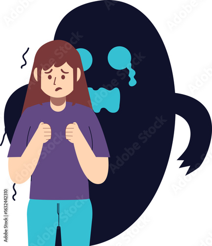 A worried woman is facing a dark, shadowy figure, expressing fear and anxiety.