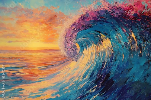 Fototapeta Naklejka Na Ścianę i Meble -  Vibrant oil painting captures the majestic power of a crashing ocean wave at sunset