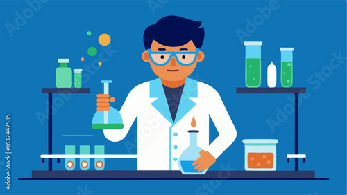 An overhead shot of a lab technician setting up an experiment with test tubes and beakers.