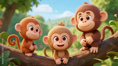 Three animated baby monkeys sitting together on a tree branch in a lush forest setting.
