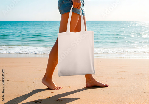 Woman walking on beach with canvas tote bag mockup