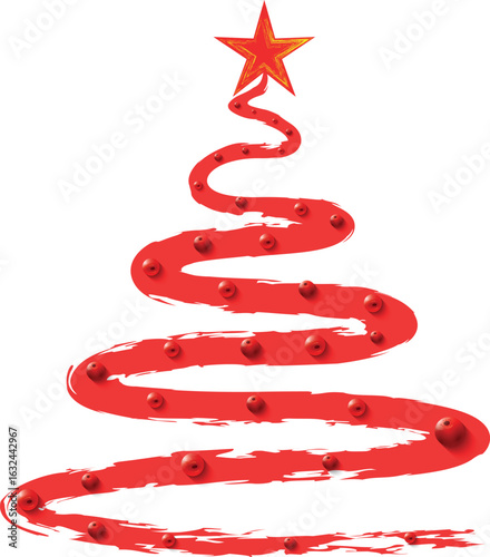 Christmas Tree Vector on white. Red Christmas Tree Painted illustration. Sketch, drawn or painted artistic illustration of a x mas tree. Ribbon Christmas Stylish Tree. Vector can be to any size.