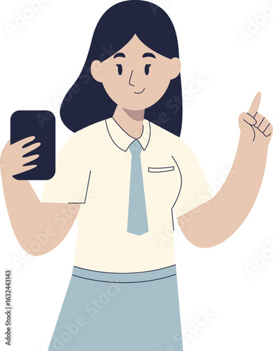 Smiling schoolgirl holds phone, points upward, suggesting an idea or online discovery.
