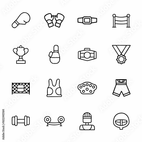 Boxing equipment vector icons set for sport and fitness training and competition with boxing gloves and ring