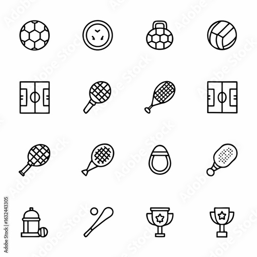 Outline icons of sports equipment and fields for soccer tennis volleyball and baseball games and awards