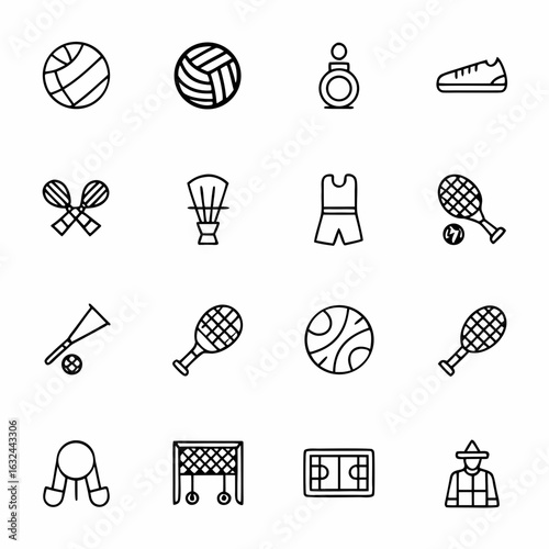 Sports equipment outline icons set vector illustration of volleyball tennis badminton and soccer equipment design