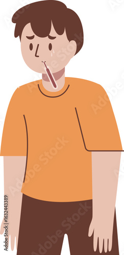 An illustration of a young person with a thermometer in their mouth, looking unwell and sad, indicating illness or fever.