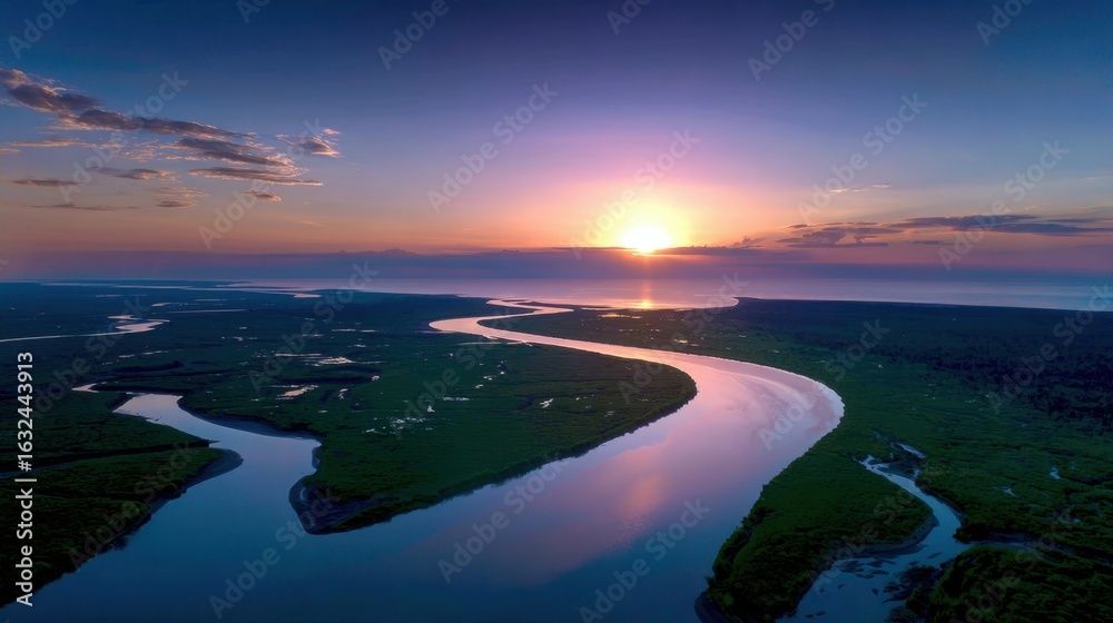 Fototapeta premium Drone footage of a river delta at sunset, shimmering waterways and green wetlands, rich habitat for wildlife, atmospheric and scenic, documentary stock photo