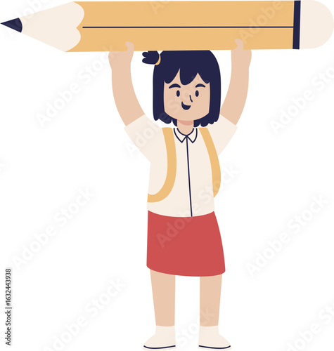 Happy schoolgirl proudly lifts giant pencil, education, learning, childhood.