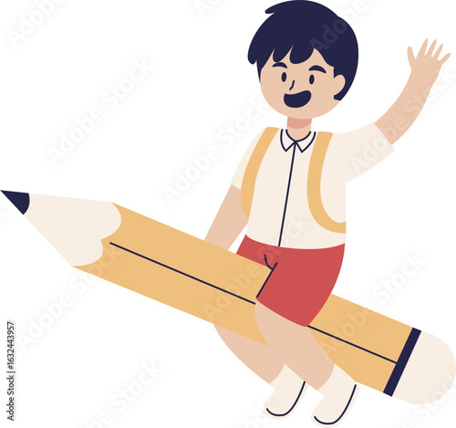A happy cartoon schoolboy with a backpack rides a giant pencil while waving.
