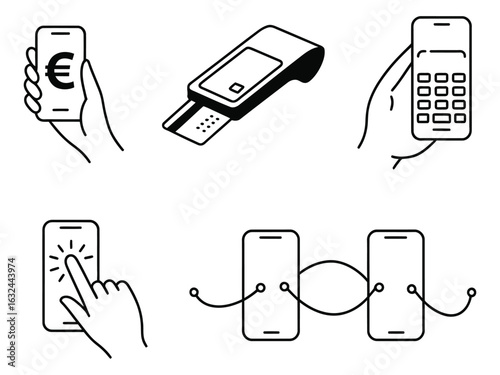 Financial technology and e-commerce icon collection. Outline symbols for mobile banking, contactless payment, and peer-to-peer data transfer.