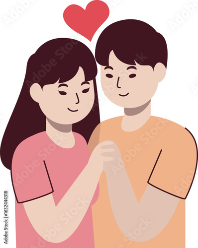 A loving couple holding hands with a red heart above them, symbolizing affection and romance in a simple, stylized illustration.