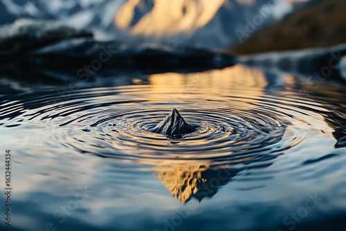 Majestic mountain peaks reflected in calm water creating ripples from a single droplet impact