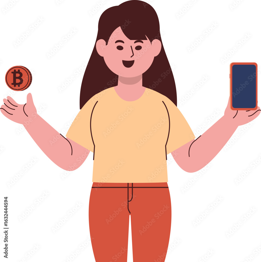 Fototapeta premium A smiling woman holds a Bitcoin coin and a smartphone, representing cryptocurrency and mobile finance.