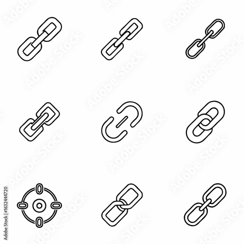 Collection of chain links vector icons for connection strength and security representation design resource