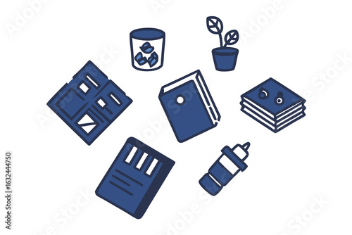 Set of high quality icons Assortment of blue office and stationery icons scattered on a white background including books a plant and a pen