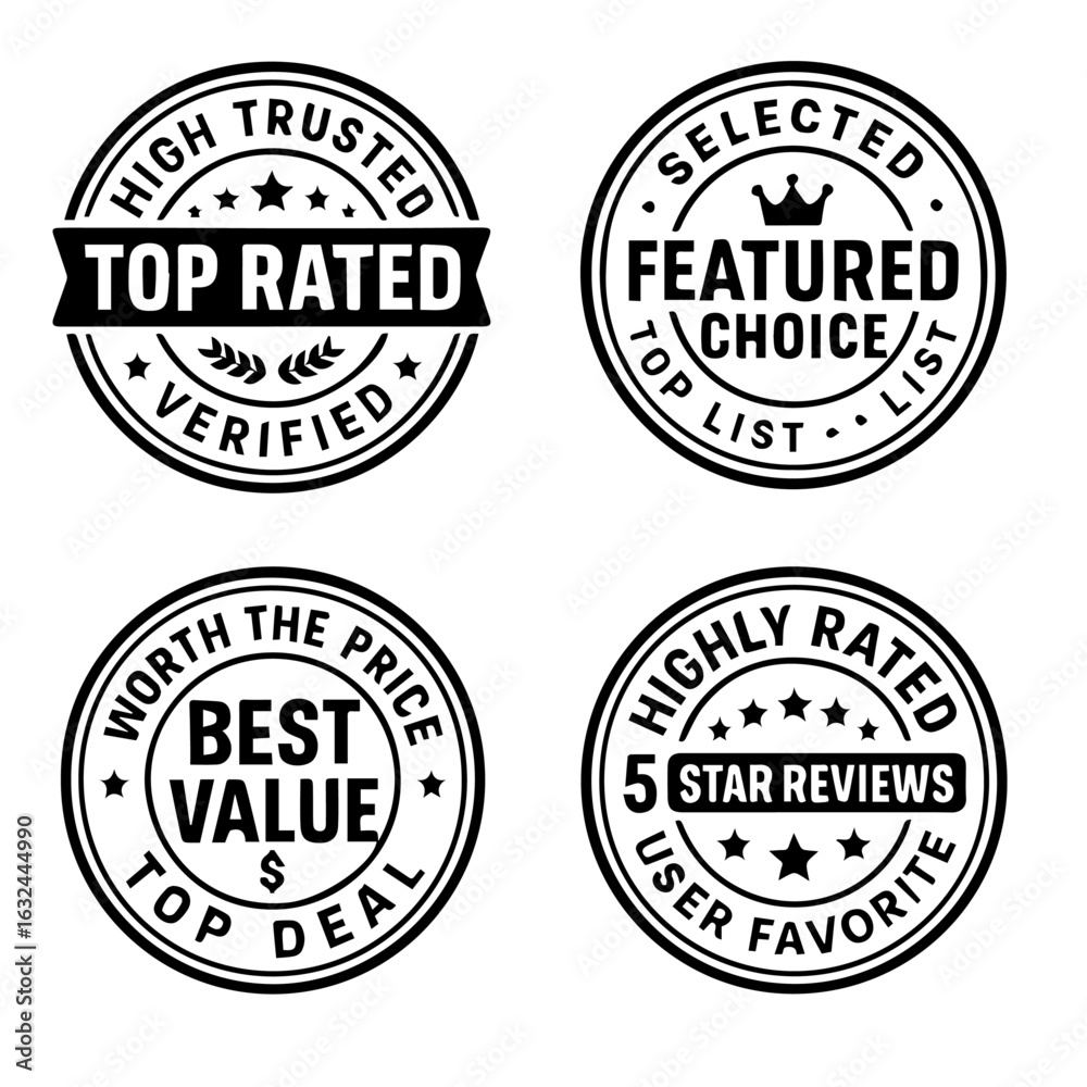 Obraz premium Top Rated, Featured Choice, Best Value, and Highly Rated Badges Set, Modern Vector Emblems for Product Highlights and Quality Seals, Editable Formats: AI, EPS, JPG, PNG, 